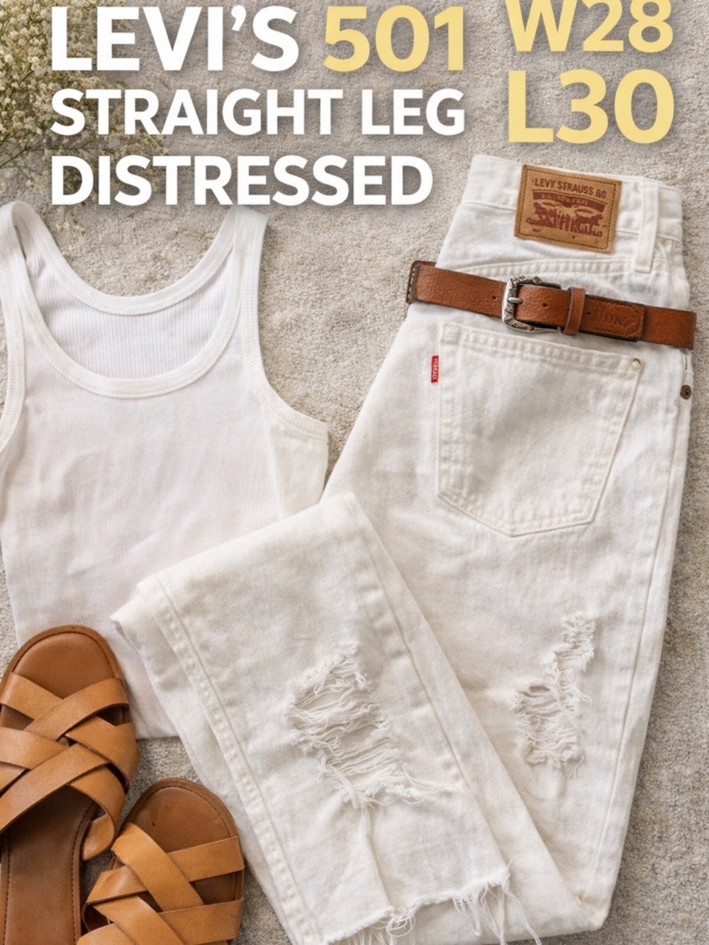 Levi’s 501 White Jeans W28 L30 Distressed Straight Leg Raw Hem